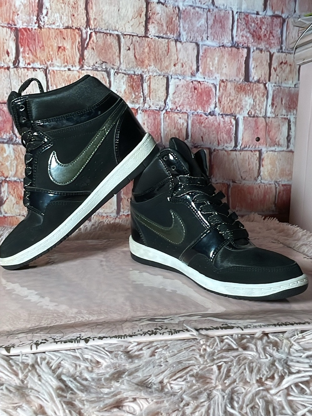 Nike Air Force Sky High Wedge Black High-Top Sneakers with Olive Swoosh